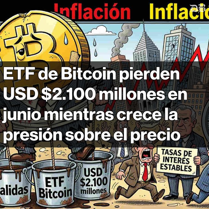 The image shows a cartoon depiction of several people dressed as Bitcoins, with various objects like buckets and a cup labeled "BTC." The scene takes place in an urban area where financial institutions are depicted in a negative manner, suggesting possible corruption or economic instability. Another text overlay indicates that Bitcoin prices have crashed by $2.100 million, leading to a sense of loss. A URL can be seen at the bottom as well, which may be related to further information on the Bitcoin situation and the post it is connected to.