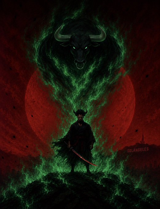 A horned figure cloaked in green smoke and wielding a red blade stands before a massive red moon, beneath an ominous spectral bull with glowing eyes, while the word "SOLANGELES" appears in the distance—visually evoking the menacing, market-dominating presence of $Ansem looming over the financial landscape.