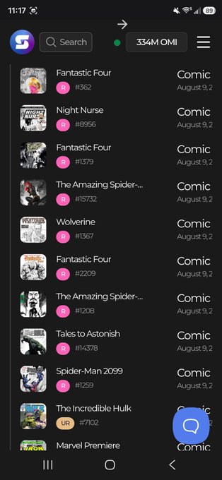 A mobile comic book app displays a list of Marvel comics including Fantastic Four, Night Nurse, Wolverine, Spider-Man 2099, and The Incredible Hulk, with a search bar showing '334M OMI' at the top.