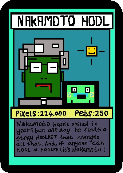 The image features a cartoon-style card with a green robot character sitting next to a smaller green robot character. The text on the card reads "Nakamoto Hodl" and "Pixels: 24,000 Pets: 250". This suggests that there is an item for sale related to cryptocurrency or digital assets, possibly in the form of pets or other digital items.