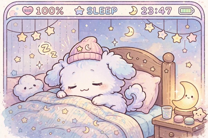 A cute kawaii-style illustration of a sleeping white puppy wearing a nightcap, tucked into a starry blanket with a digital status bar showing "100%" and "SLEEP 23:47" at the top.