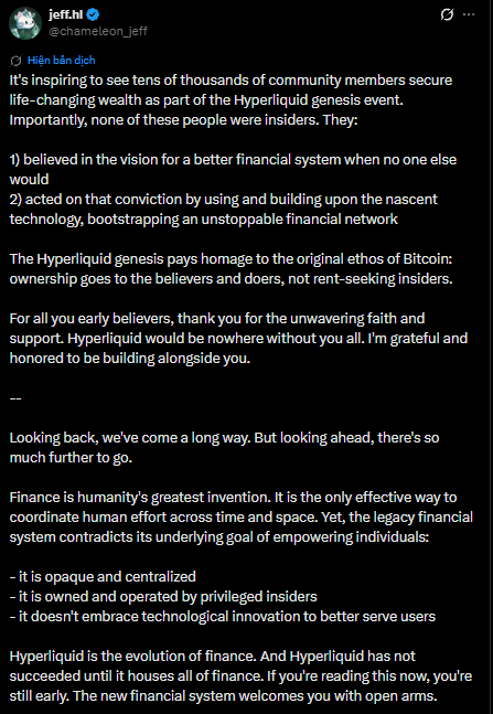 A social media post by user 'jeff.hl' discussing the Hyperliquid genesis event, praising community members and outlining the platform's vision for a new financial system that opposes the legacy system.