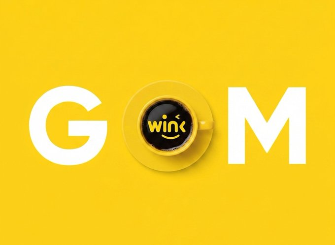 A bright yellow background features a yellow saucer and coffee cup, with the cup's dark interior displaying the "wink" logo in white text, replacing the "O" in the word "GOM" spelled out across the image. The playful branding visually reinforces the article's lighthearted tone while the accompanying technical content discusses cross-chain liquidity aggregation and atomic swap mechanisms.