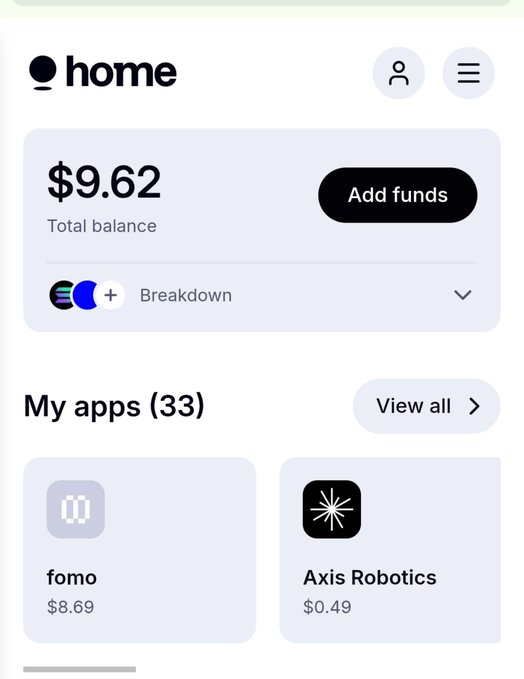A digital wallet interface showing a 'home' screen with a total balance of '$9.62' and an 'Add funds' button, along with apps like 'fomo' and 'Axis Robotics'.