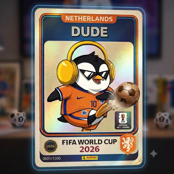 A collectible Panini NFT card featuring a penguin mascot named "DUDE" in Netherlands orange kit (jersey #10) with sunglasses and yellow headphones, kicking a soccer ball, marked "FIFA World Cup 2026," "Netherlands," "0001/1000," and "Official NFT - Panini," presented as a premium digital collectible replacing the traditional sticker albums from the 80s.