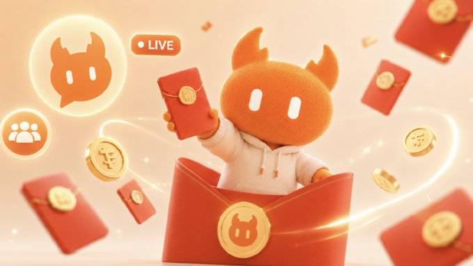 A 3D-rendered orange mascot character in a hoodie emerges from a red envelope holding a red packet, surrounded by floating red envelopes and gold coins, with a 'LIVE' indicator.