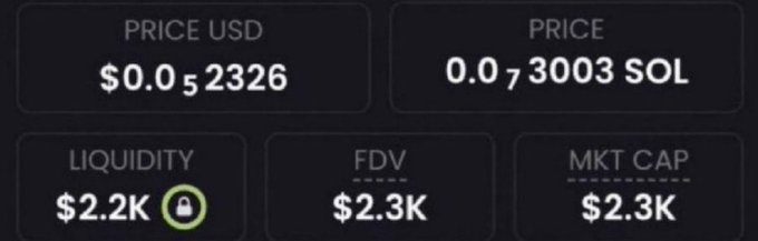 The image displays cryptocurrency token metrics, showing a price of $0.052326 USD (0.073003 SOL), with $2.2K liquidity, $2.3K FDV, and $2.3K market cap. This appears to be promotional material from the poster showcasing a low-value memecoin as their next "insider" pick, following their claims of previous 1000x+ gains with $PONS, $CASHCAT, and $ZCAT.
