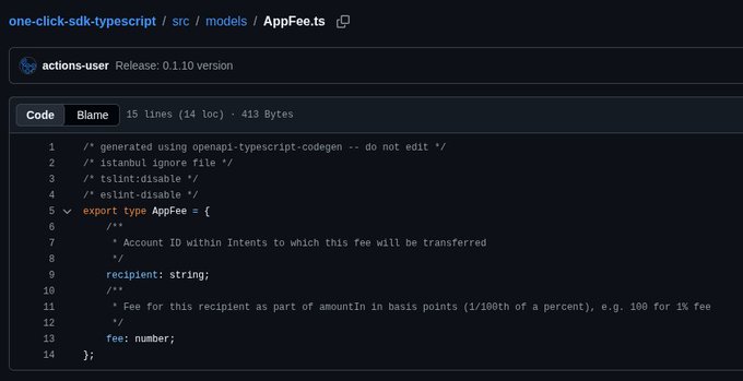 A GitHub code snippet showing the `AppFee` type definition from the one-click-sdk-typescript repository (Release: 0.1.10), which specifies a `recipient` string and `fee` number in basis points for customizing swap fees at the app level—directly illustrating the post's point that @near_intents swap fees are configurable via this `AppFee` function.