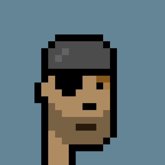 Pixel art portrait of a bearded man with dark hair set against a solid blue background.