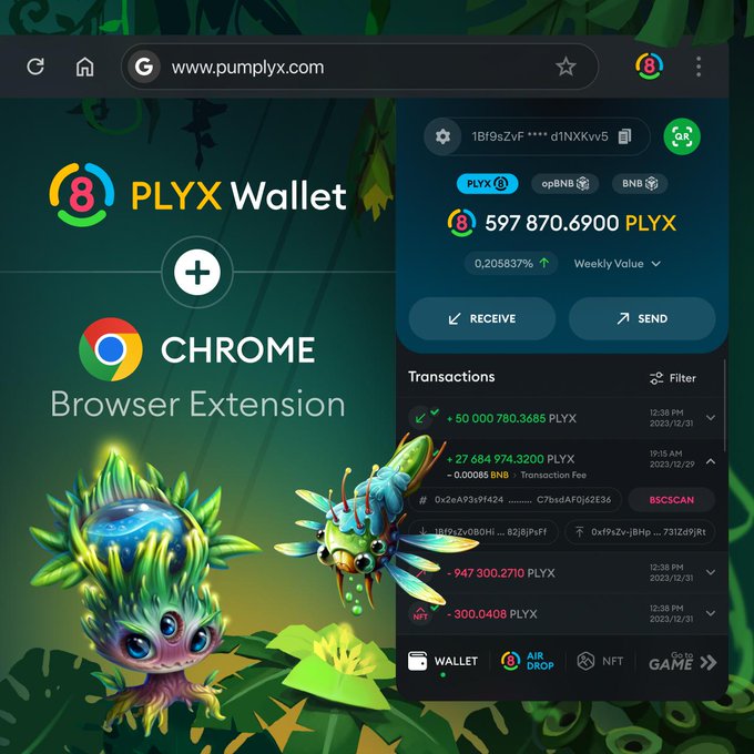 A promotional graphic for the 'PLYX Wallet' Chrome browser extension, showing the pumplyx.com interface with a wallet balance of 597,870.6900 PLYX and a transaction history list.