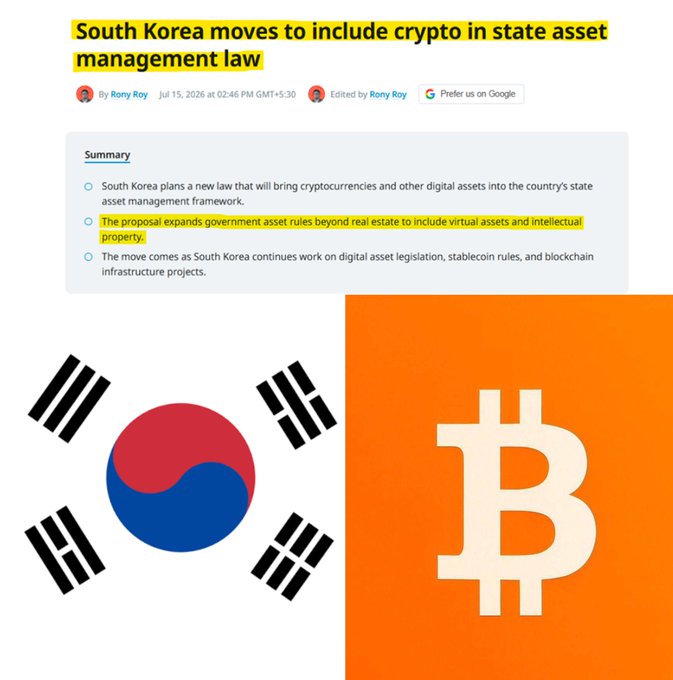 A news article headlined "South Korea moves to include crypto in state asset management law" appears alongside the South Korean flag and a Bitcoin logo, illustrating South Korea's new National Asset Basic Act that incorporates virtual assets and intellectual property into state asset management for the first time since 1950.