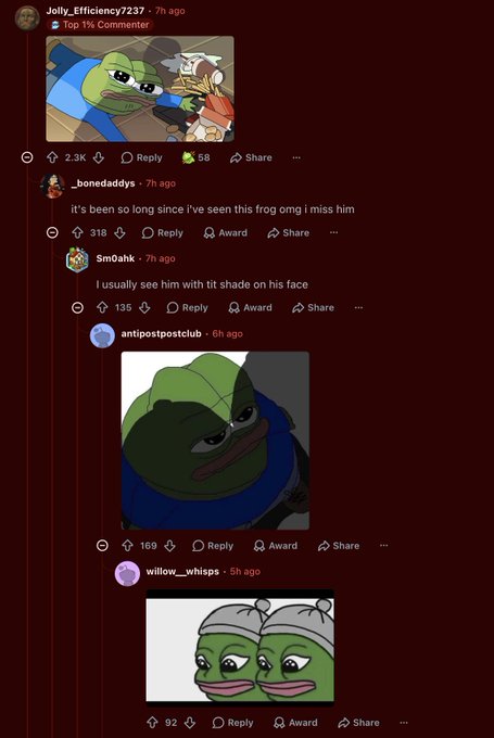 A screenshot of a Reddit thread on r/TopCharacterTropes featuring Pepe the Frog edits, with comments from users like _bonedaddys, Sm0Ahk, antipostpostclub, and willow_whisps.