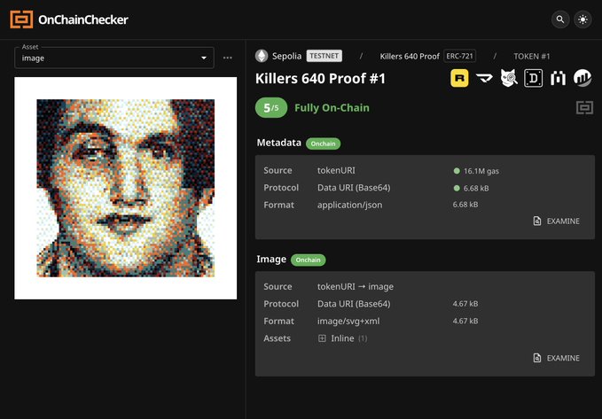 A screenshot of OnChainChecker showing a NFT called 'Killers 640 Proof #1' on the Sepolia Testnet, displaying a pixelated portrait image and on-chain metadata details.