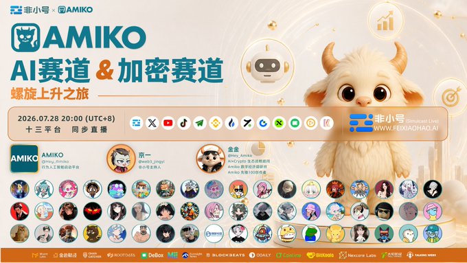 This image is a promotional banner for an "AI & Crypto Track" event by AMIKO, happening on 2026.07.28. It features the AMIKO logo, various social media icons, and a collection of profile avatars, likely representing participants or guests.