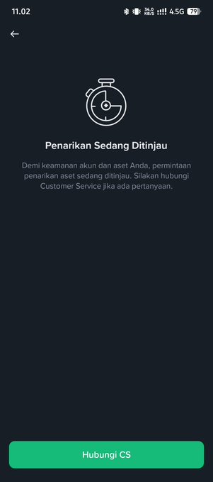 The screenshot shows a Tokocrypto app notification in Indonesian reading "Penarikan Sedang Ditinjau" (Withdrawal Under Review), explaining that the withdrawal request is being processed for account safety and to contact Customer Service if there are questions, with a "Hubungi CS" (Contact CS) button at the bottom. This relates to the user's complaint about being unable to withdraw funds, indicating that their withdrawal request is currently being reviewed by Tokocrypto.