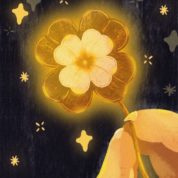 An illustration of a hand holding a glowing golden flower with a white center, surrounded by stars against a dark textured background.