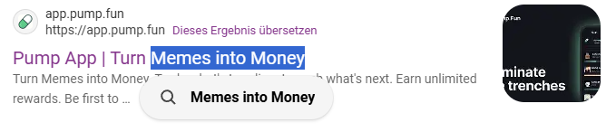 The image shows a Google search result snippet for "app.pump.fun" featuring the headline "Pump App | Turn Memes into Money," directly tying into the post's message of converting internet memes into financial opportunities through the Pump platform.