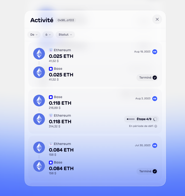 A mobile app screenshot showing a French-language 'Activité' (Activity) page with the wallet address '0x98...d1D3,' displaying Ethereum transactions on Base network including 0.025 ETH, 0.118 ETH, and 0.084 ETH with various dates from July-August 2023.