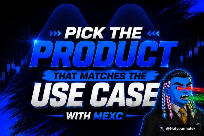 The image is a promotional graphic for MEXC featuring the text "PICK THE PRODUCT THAT MATCHES THE USE CASE WITH MEXC" in bold blue and white lettering, with an anime-style character wielding a katana on the right side. It accompanies a post explaining how different MEXC stock products (like RealStocks) suit different trading strategies, reinforcing the message that choosing the right product depends on the trader's specific use case.