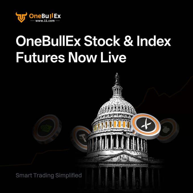Promotional graphic for OneBullEx announcing 'OneBullEx Stock & Index Futures Now Live' with the tagline 'Smart Trading Simplified' and website www.11.com, featuring cryptocurrency coins in front of the US Capitol building.