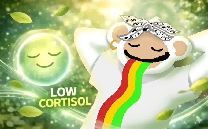 The image features a cartoon character wearing a white shirt with a rainbow pattern, which includes red, orange, yellow, green, blue, and purple colors. The character has their arms and legs spread out as if they are taking a nap or lounging in a hammock. The background of the image is a lush green forest filled with trees and leaves. In the bottom right corner of the image, there is text that reads "Low Cortisol".