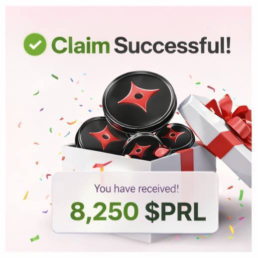 A digital promotional image showing a gift box with black and red tokens, displaying 'Claim Successful!' and 'You have received! 8,250 $PRL'.