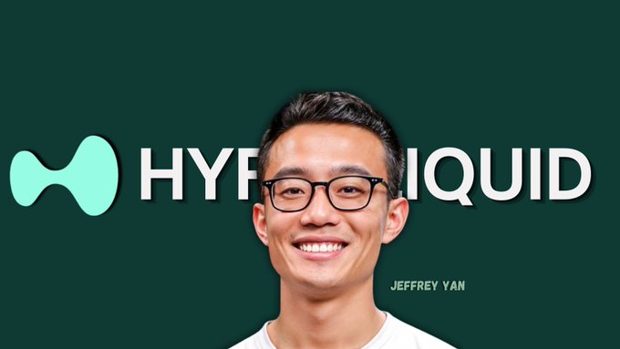The image features a man wearing glasses and smiling at the camera. The background of the image is green with white text that reads "HYFREQUID". Below this, there are two lines of text that read "jeffrey yan" and " hyperliquid distributed one of the biggest airdrops in crypto history, thanks to their ceo, jeffreysyan". The man's face is positioned above these texts.