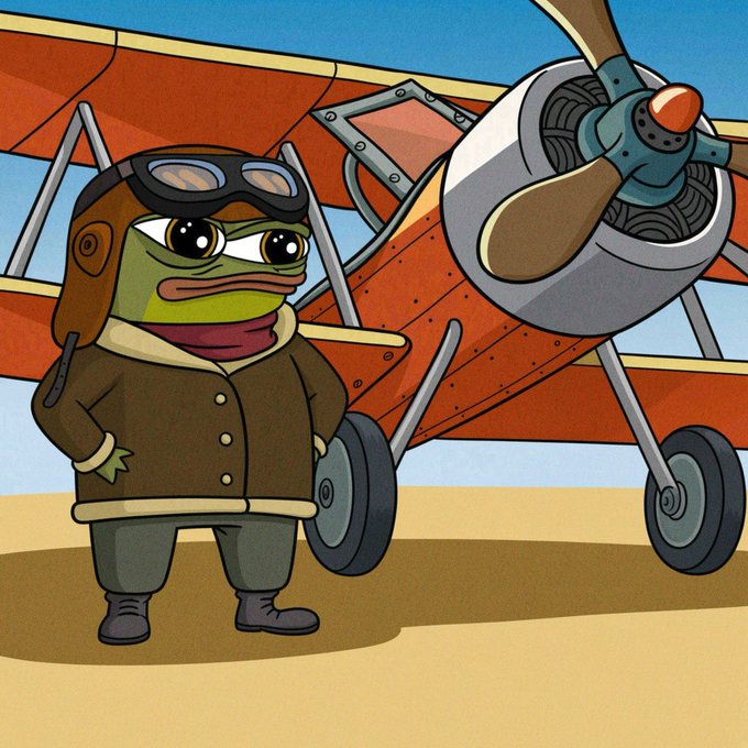 A cartoon illustration of a frog dressed as an aviator wearing a brown leather jacket, cap, and goggles, standing in front of an orange biplane.