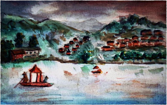 A watercolor painting depicting a landscape with mountains, a village with red-roofed houses, and a small red boat with figures on the water.