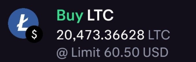A buy order is placed for 20,473.37 LTC at a limit price of 60.50 USD, as the trader posts about accumulating more Litecoin and anticipating a price surge.