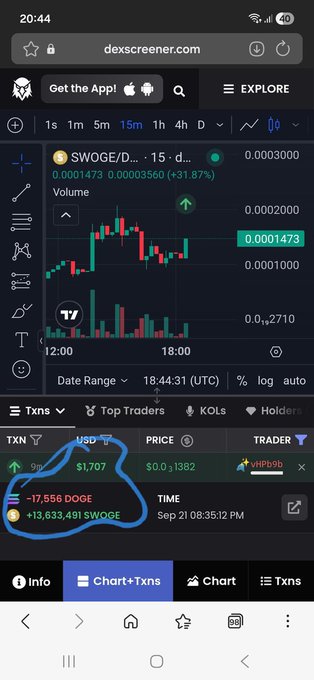 A mobile screenshot from dexscreener.com showing a trading chart for the token $WOGE/$DOGE, with a hand-drawn blue circle highlighting a transaction of +13,633,491 $WOGE valued at $1,707.
