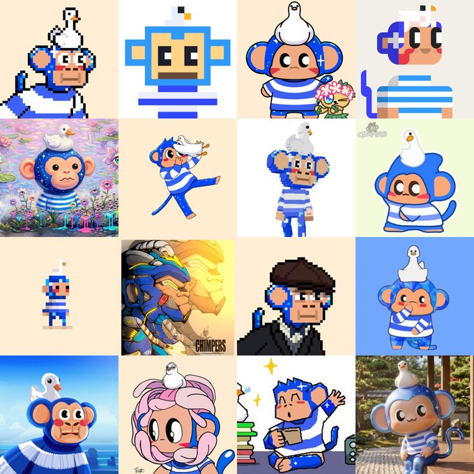 A 4x4 grid collage of various pixel art and illustrated blue monkey characters wearing striped shirts, often with seagulls on their heads, in different styles and poses.