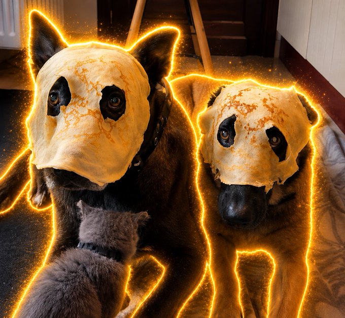 Two dogs wearing scary, pale masks, surrounded by a glowing orange, magical aura effect in an indoor setting.