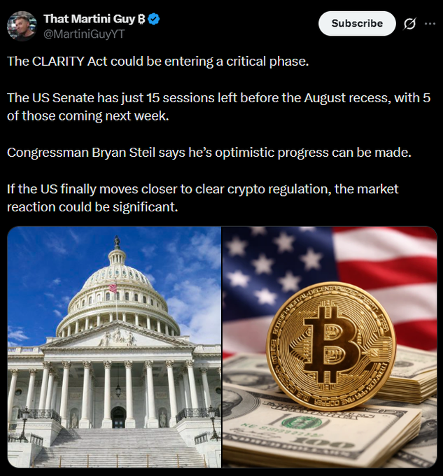 This image depicts the US Capitol building and a Bitcoin coin on US currency, representing the potential impact of the "CLARITY Act" on crypto regulation. The accompanying text highlights that the Act is entering a critical