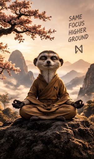 A meerkat dressed as a monk in brown robes meditating on a mountaintop at sunset, with cherry blossoms and the text "SAME FOCUS HIGHER GROUND" with an N logo.