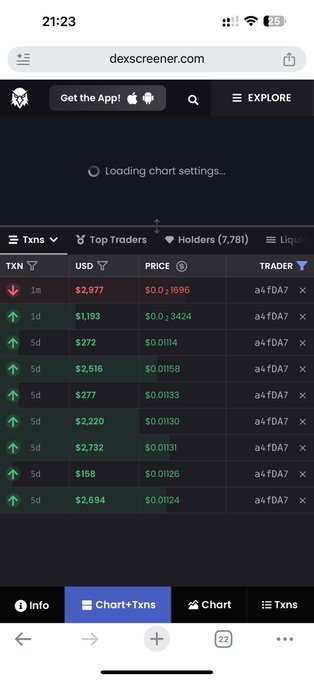 A screenshot from dexscreener.com displays transaction history for the TXN token, showing a 1-minute trade selling 169,690,696 tokens (worth $2,977) by address a4fDA7. The chart settings are still loading, but the visible data confirms a rapid sell-off transaction consistent with the post's claim of a $9k loss on the #BEN token amid a suspected scam.