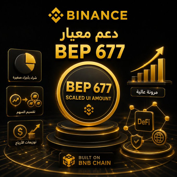 A promotional graphic from Binance highlighting its support for the BEP 677 Scaled UI Amount standard on BNB Chain, featuring gold-themed icons for small purchases, profit distribution, high returns, and DeFi integration, with the Arabic text "دعم معيار" (Support Standard) and "مرونة عالية" (High Flexibility). The image visually reinforces the post's message about Binance's engineering choice to adopt the BEP 677 standard in bStocks for scalable and flexible asset management.