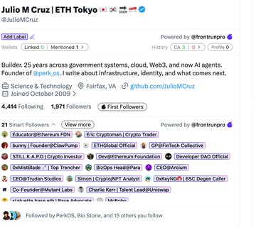 The image is a Twitter profile for Julio M Cruz (@JulioMcruz), an ETH Tokyo builder with 1.97k followers, showing he is followed by notable accounts including Ethereum FDN, Eric Cryptoman, ETHGlobal official, and $PERKOS. The profile confirms the post's claim about his notable followers in the Ethereum ecosystem while highlighting $PERKOS as a notable connection.
