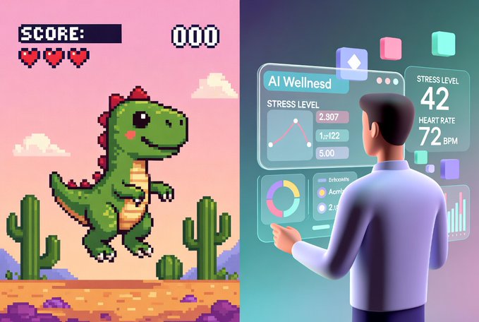 The image shows two different versions of the popular video game, Sleepagotchi, which has been pivoted into a sophisticated AI wellness platform. The first version features a cartoon dinosaur as its main character, while the second version showcases an adult man interacting with the app's interface. Both versions maintain the fun and engaging gameplay experience that attracted users to the game in the first place.