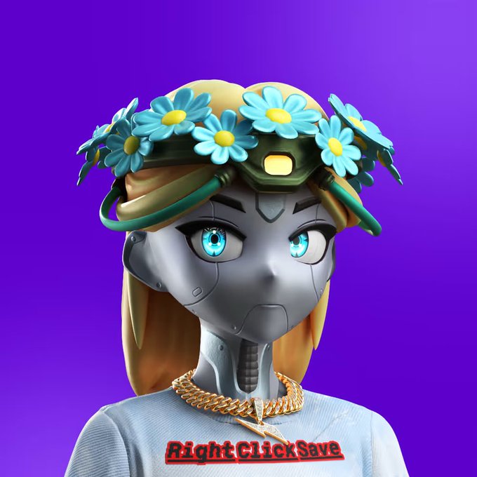 In the image, there is a person wearing a white shirt with red text that says "RIGHT CLICK SAVVY". They are also described as a character or robot girl, with blue eyes, blond hair, and a flower crown on their head. The background is purple, which contrasts with the figure's features. There is no discernible text about buying NFTs in the image, but it appears that they might be selling them at some point.