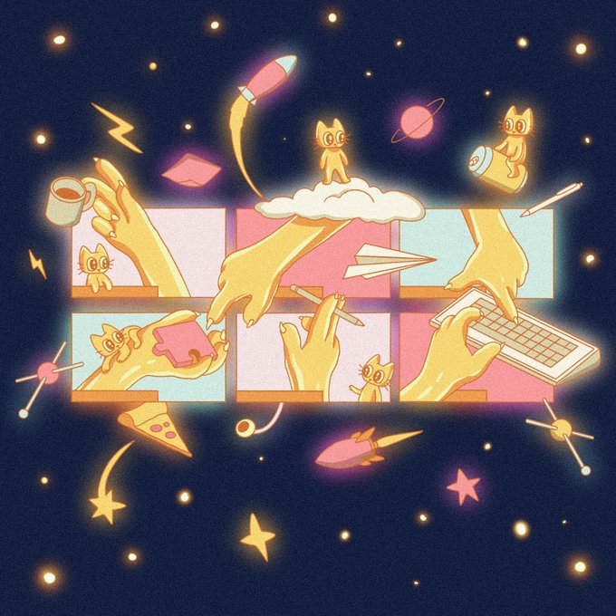 A colorful digital illustration with a cosmic background showing yellow hands holding various objects (mug, phone, paper airplane, keyboard) through rectangular windows, surrounded by floating cats, rockets, and stars.