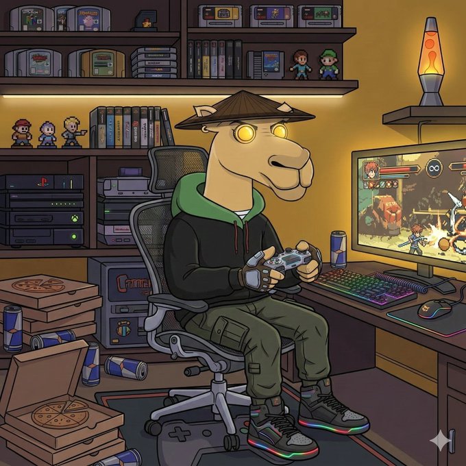 A cartoon illustration of an anthropomorphic giraffe character wearing a conical hat and black hoodie, sitting in a gaming chair and holding a controller in a room filled with gaming consoles and pizza boxes.