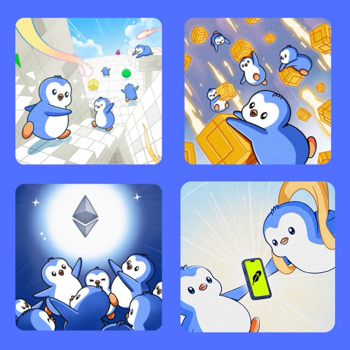 Four illustrations of blue and white penguin-like characters in various scenes: sliding on ice, dodging crates, gazing at an Ethereum logo, and holding a smartphone with a similar icon.