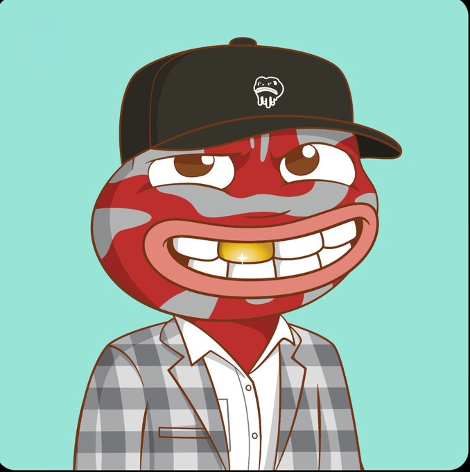 A cartoon illustration of a red, grey, and camouflage-patterned character wearing a black baseball cap with a dripping logo and a plaid blazer over a white shirt.