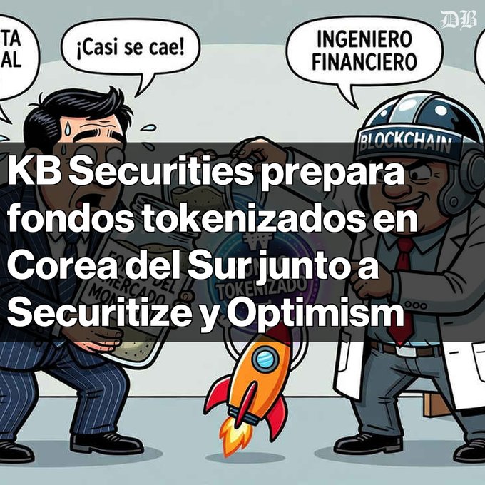 A cartoon showing characters labeled 'INGENIERO FINANCIERO' and 'BLOCKCHAIN' next to a rocket, with Spanish text overlay: 'KB Securities prepara fondos tokenizados en Corea del Sur junto a Securitize y Optimism'.