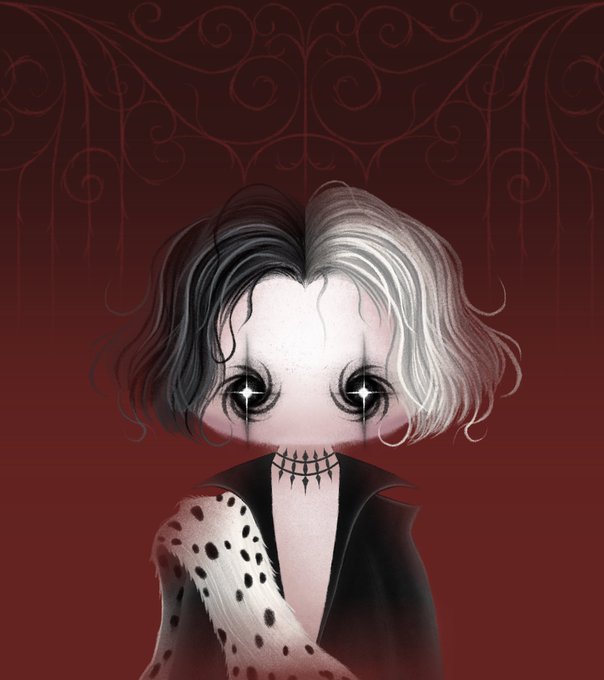 A pale, goth-styled digital art figure with split black-and-white hair, large dark eyes, and a choker necklace is set against a deep red background with ornate swirling patterns, complementing the dramatic, dark aesthetic of the NFT sale announcement for "cruel."