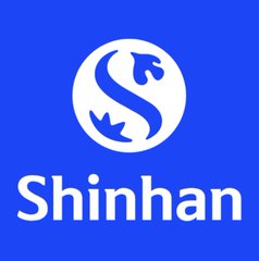 The image displays the Shinhan logo, featuring a stylized white "S" emblem with blue accents inside a circular blue badge above the word "Shinhan" in white text on a solid blue background, representing Shinhan Financial Group as the partner partnering with Visa on stablecoin payment infrastructure in South Korea.
