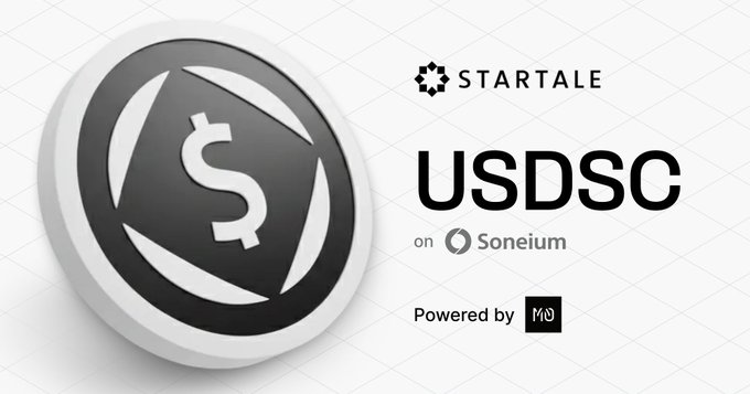 The image features a white circle with a black dollar sign inside of it. The text "Startale" is written above the dollar sign, indicating that this is part of a Startale-related project or service. Below the circle, there's some text that reads "USDCSC on Sonelum". This suggests that the image might be related to a cryptocurrency or blockchain project involving the USDCSC token and the Sonelum platform. The post also mentions that the token is powered by M0's modular stablecoin infrastructure, which implies that it has been designed for seamless integration with various applications and payment systems.