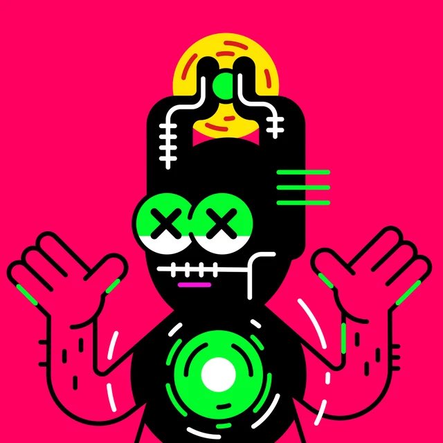 A cartoon illustration of a black character with X-shaped green eyes on a bright pink background, featuring a glowing green chest piece and a yellow symbol above its head.