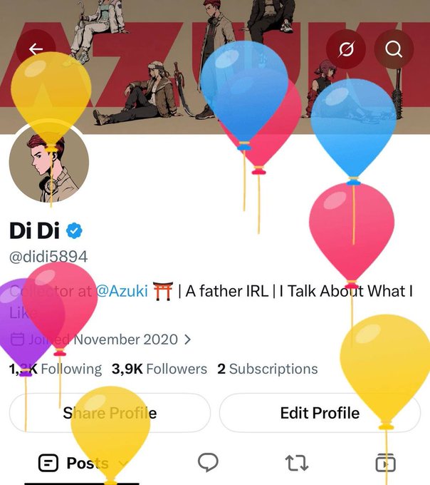 A Twitter/X profile for 'Di Di' (@didi5894), described as a 'Creator for at @Azuki | A father IRL', with 1.3K Following, 3.9K Followers, and 2 Subscriptions, overlaid with colorful balloon graphics.